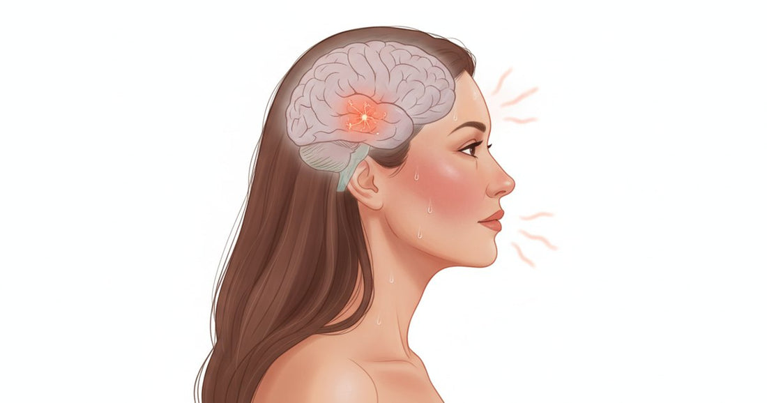 Medical illustration of a hot flash: KNDy neurons glowing in the hypothalamus as heat spreads across a woman's face and neck