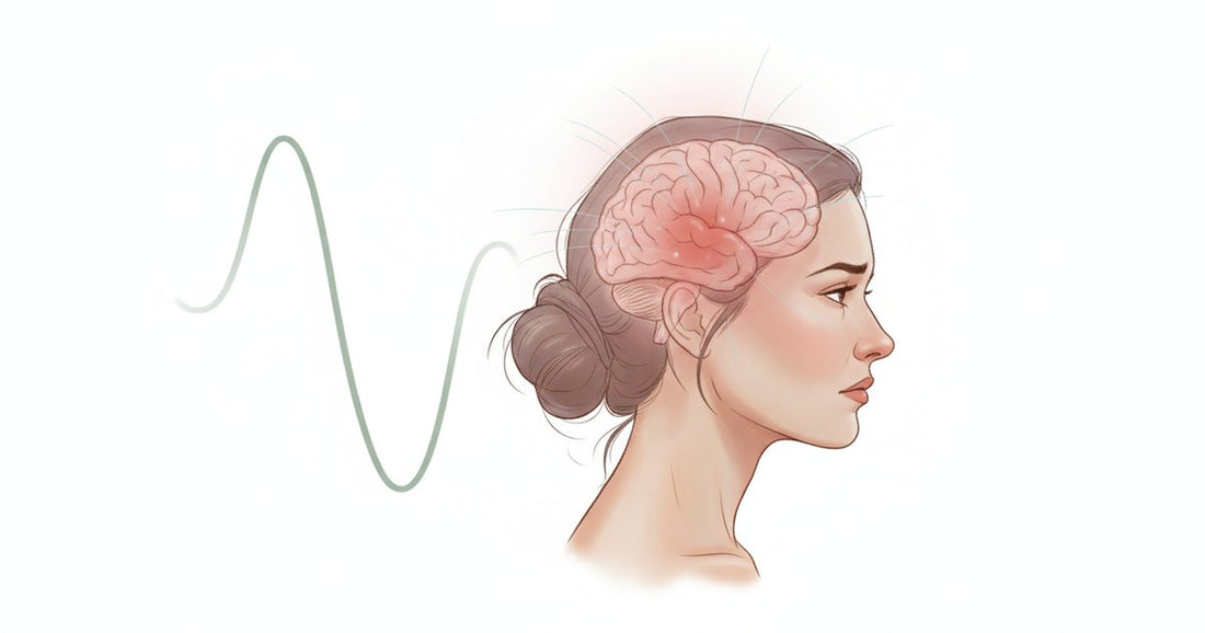 Illustration of the limbic system glowing during the luteal phase, beside a falling progesterone curve, showing why PMS mood symptoms happen